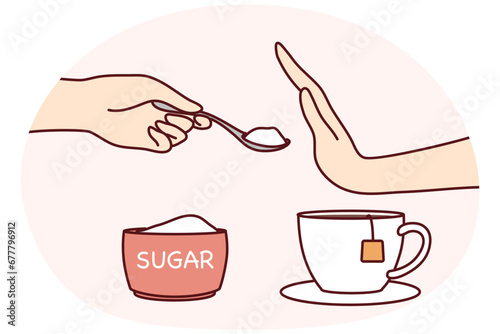 Person say no to sugar in tea or coffee. Man or woman make hand gesture refuse from sweet additives follow healthy lifestyle. Vector illustration.