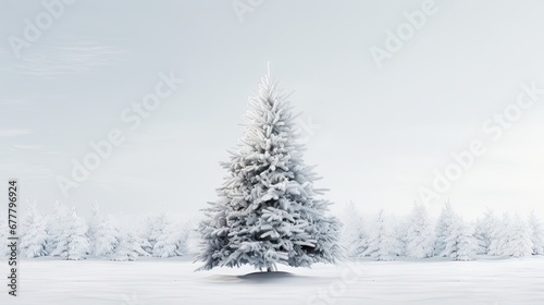  a snow covered pine tree stands in the middle of a snow - covered field, surrounded by snow - covered trees.