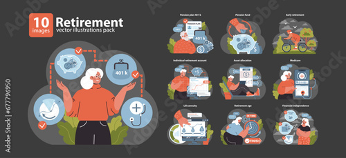 Retirement set. Navigating financial security in later years. Pension plans, individual accounts, and healthcare. Pursuit of a carefree, stable future. Flat vector illustration.