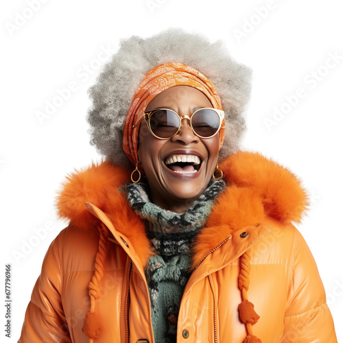 Happy senior afro woman smiling, isolated on white or transparent background.