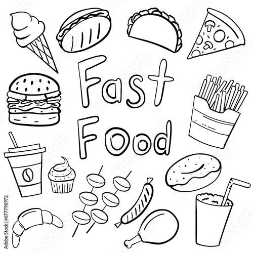 Fast food doodle drawing collection. Food such as pizza, burger, donuts, coffee, croissant etc. Hand drawn vector doodle illustrations isolated on white background