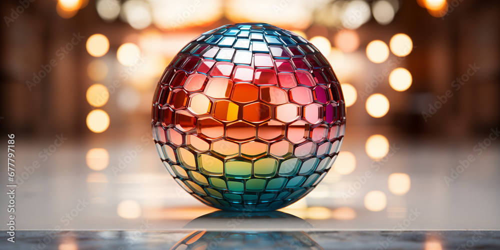 Fototapeta premium Schöne bunte geschliffene leuchtende Kugel aus Glas als Hintergrund als Druckvorlage und Internet Design im Querformat für Banner, ai generativ