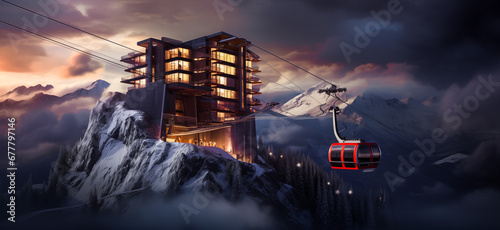 Modern cabin ski lift gondola funicular against snowcapped forest tree and mountain peaks covered in snow landscape in winter alpine resort. Winter leisure sports, recreation and travel
 photo