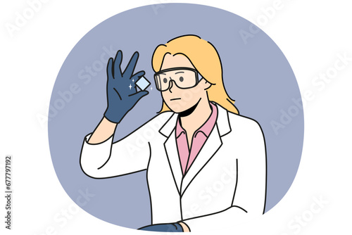 Young woman in white uniform look at chemical element make experiment. Smiling female researcher or scientist in glasses analyze object. Vector illustration.
