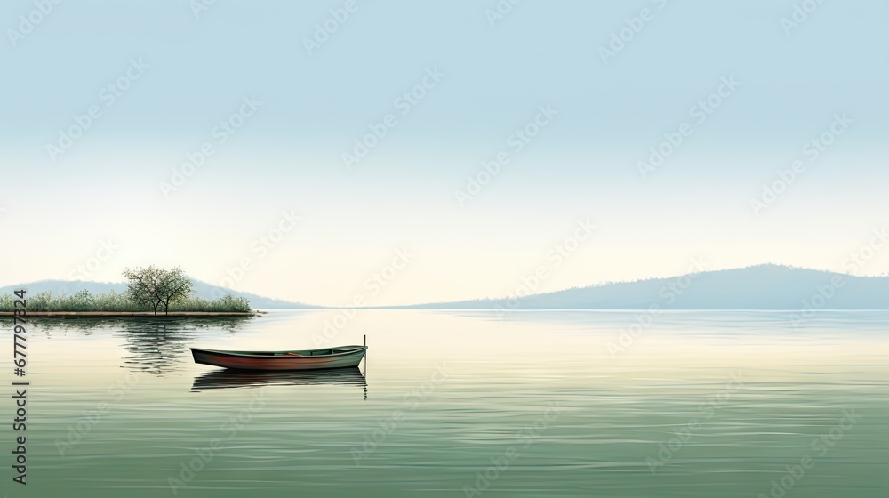  a boat floating on top of a body of water next to a small island with a tree in the distance.
