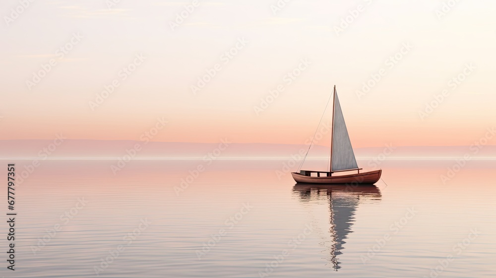  a sailboat floating in the middle of a body of water with a pink sky in the backround.