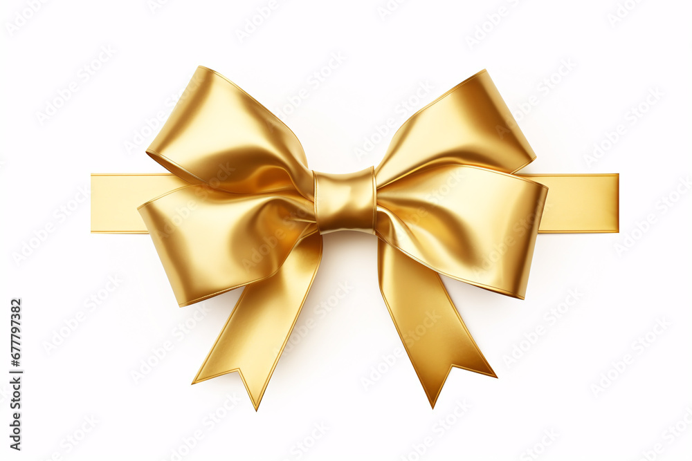 A glittering bow tied with a lissome ribbon resting on a pristine white background conveys a festive decorative concept for Christmas, Valentine's or a birthday. A glittering bow tied with a lissome ribbon resting on a pristine white background conveys a festive decorative concept for Christmas, Valentine's or a birthday.