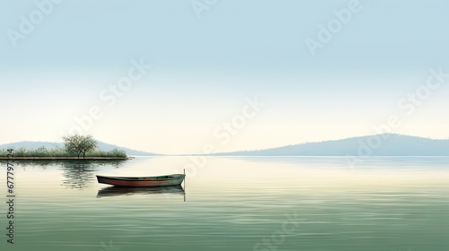  a boat floating on top of a body of water next to a small island with a tree in the distance. © Anna