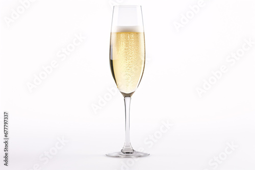 A solitary goblet of bubbly on a pristine white canvas.