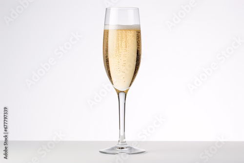 A glass of bubbly set apart on a pristine backdrop.