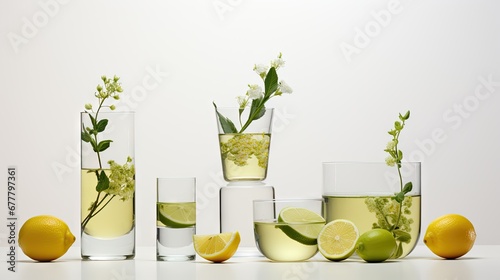  a white table topped with glasses filled with lemonade and limeade next to lemons and lime wedges.