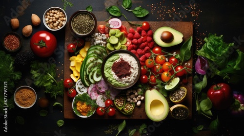  a wooden cutting board topped with lots of veggies next to bowls of beans, tomatoes, cucumbers, and avocados.
