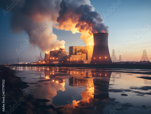 a nuclear power plant located close to nature, illustrating the juxtaposition of advanced nuclear energy technology with the natural environment. The facility is set against a backdrop of lush greener