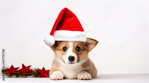 A Pembroke Welsh Corgi pup wearing a festive red cap is featured solo on a white backdrop. © ckybe