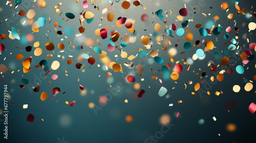 Confetti in rainbow hues plummeting into the dark as part of a festive celebration.