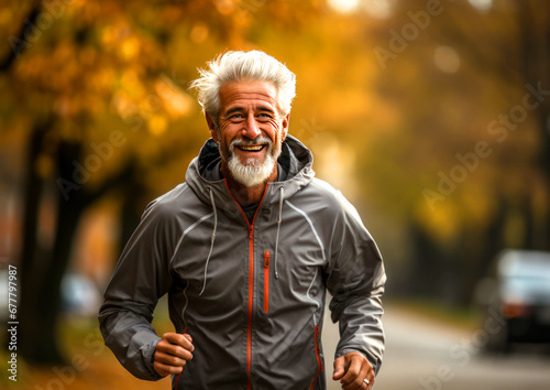 Happy senior man jogging in autumn park, training in old age concept