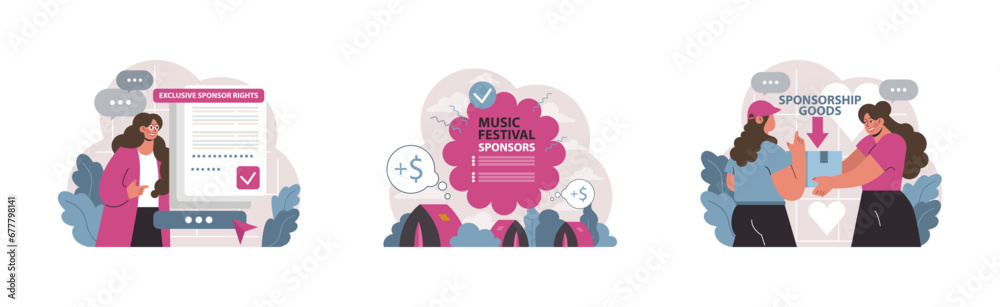 Sponsorship set. Navigating exclusive sponsor rights online. Generating funds for music festivals. Exchange of goods between sponsors. Vibrant interactions and discussions. Flat vector illustration