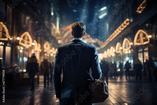 Rear view of a young businessman walking in the city at night, Ai Generated