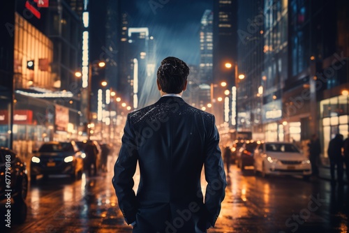 Rear view of young businessman looking at night city, Business concept, Ai Generated