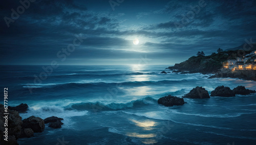 Deep blue moonlit ocean at night with serene waves. Ai Generative