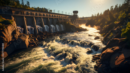 a hydroelectric power plant  representing a renewable energy source. The facility harnesses the power of flowing water to generate electricity  showcasing the harmonious blend of technology and nature