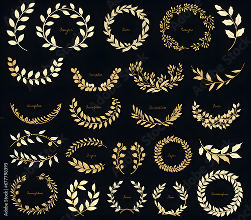a set of gold wreaths made from flowers and leaves on black background
