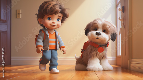 3d illustration of a cartoon boy with his cute brown dog in a room