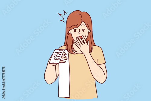 Shocked woman holds receipt with purchase price and is amazed at size of prices and rise in inflation. Surprised girl with paper check feeling stressed due to inflation caused by financial crisis