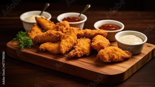 An arrangement of chicken wings and sauce on a wooden tray