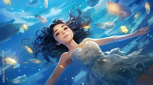 pretty young woman sleeping in ocean wave flow, fantasy dreamy atmosphere illustration, Ai Generative 