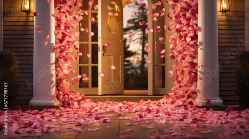  a door that has a bunch of pink petals on it and a bunch of pink petals on the outside of the door.