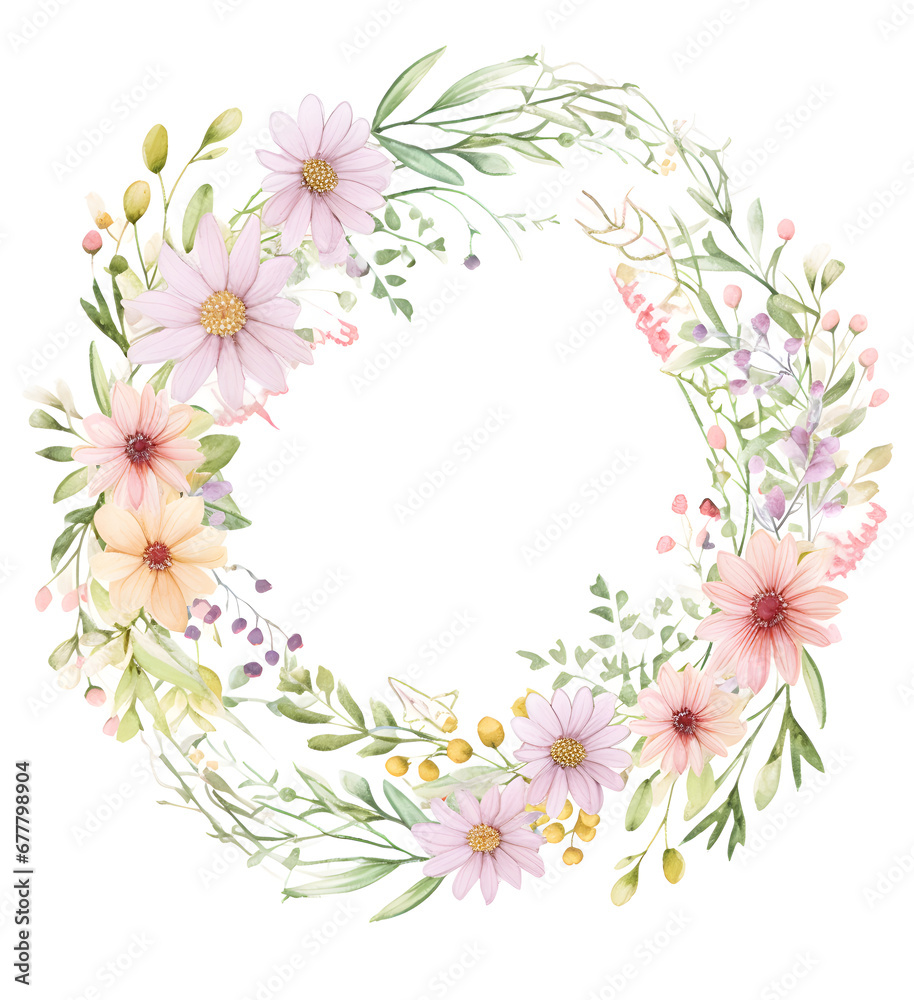 a wreath made from flowers and leaves on white background