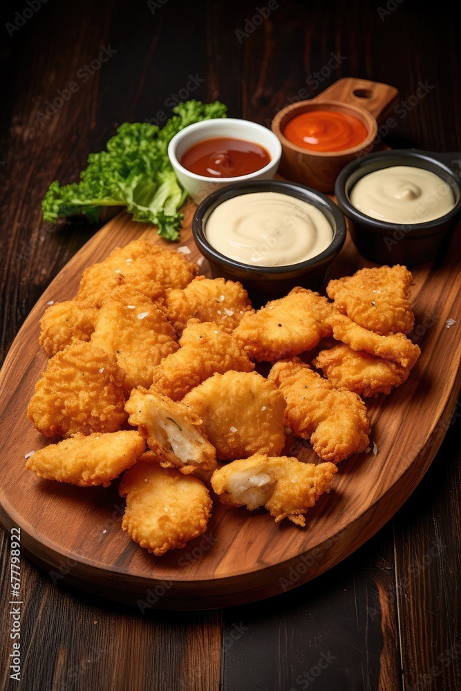 An arrangement of chicken wings and sauce on a wooden tray An arrangement of chicken wings and sauce on a wooden tray