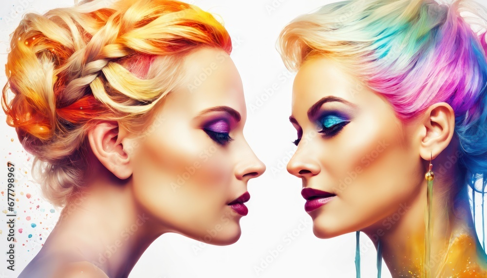 Portrait of two attractive young women looking each other in the eyes. The concept of female friendship, love and beloved. Women Club. Colorful hairs, burst of colors on background, paint drops splash Portrait of two attractive young women looking each other in the eyes. The concept of female friendship, love and beloved. Women Club. Colorful hairs, burst of colors on background, paint drops splash