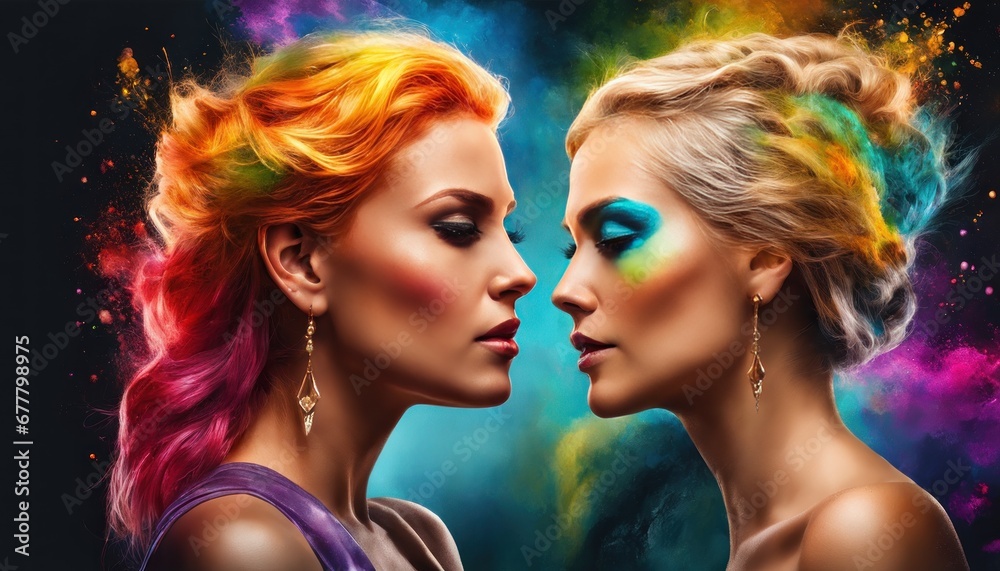 Fototapeta premium Portrait of two attractive young women looking each other in the eyes. The concept of female friendship, love and beloved. Women Club. Colorful hairs, burst of colors on background, paint drops splash