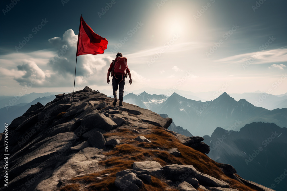 Obraz premium illustration. a Hiker man heading to mountain top where there is a flag on top