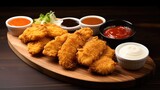 An arrangement of chicken wings and sauce on a wooden tray