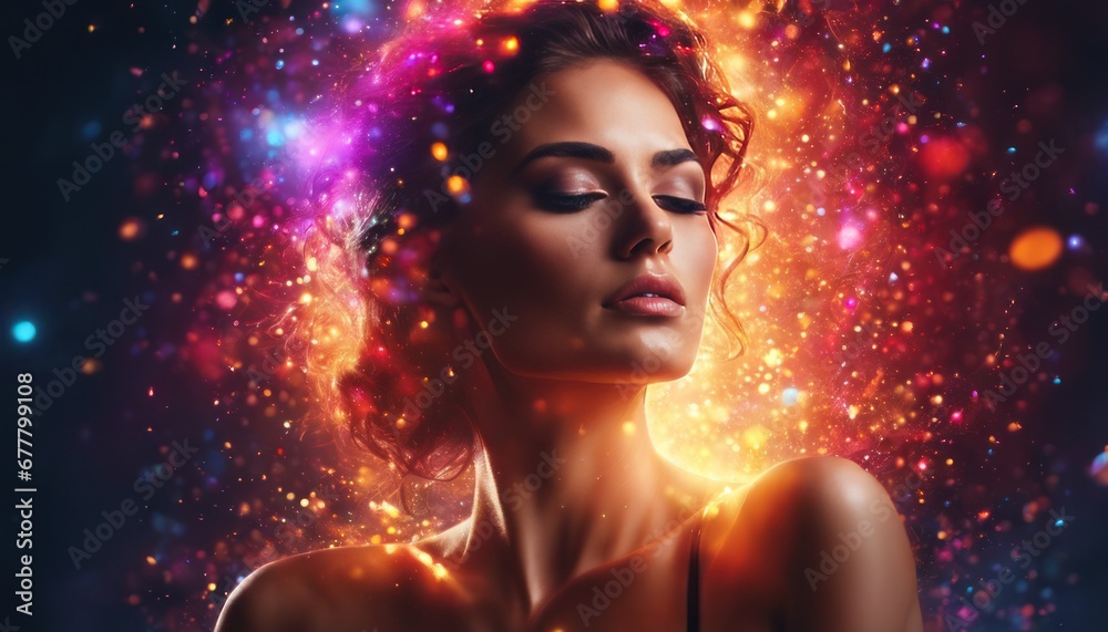 Mysterious beautiful young woman with rainbow colored powder and color explosion in the background. Close up portrait of perfect woman face, colorful light particles, color splashes bokeh background Mysterious beautiful young woman with rainbow colored powder and color explosion in the background. Close up portrait of perfect woman face, colorful light particles, color splashes bokeh background