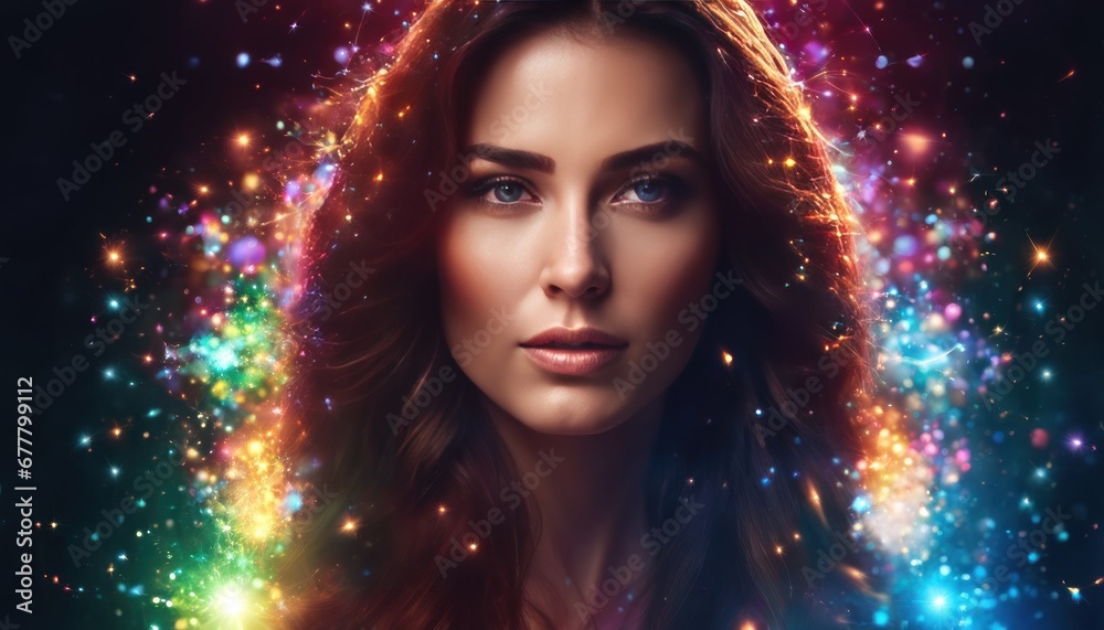 Mysterious beautiful young woman with rainbow colored powder and color explosion in the background. Close up portrait of perfect woman face, colorful light particles, color splashes bokeh background