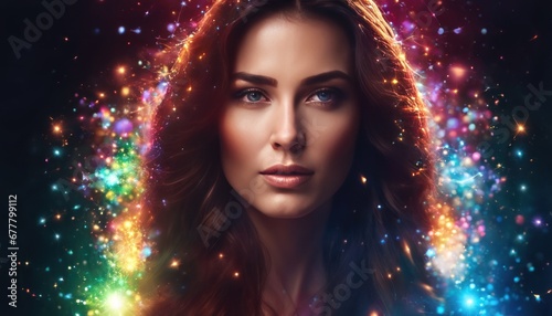 Mysterious beautiful young woman with rainbow colored powder and color explosion in the background. Close up portrait of perfect woman face  colorful light particles  color splashes bokeh background