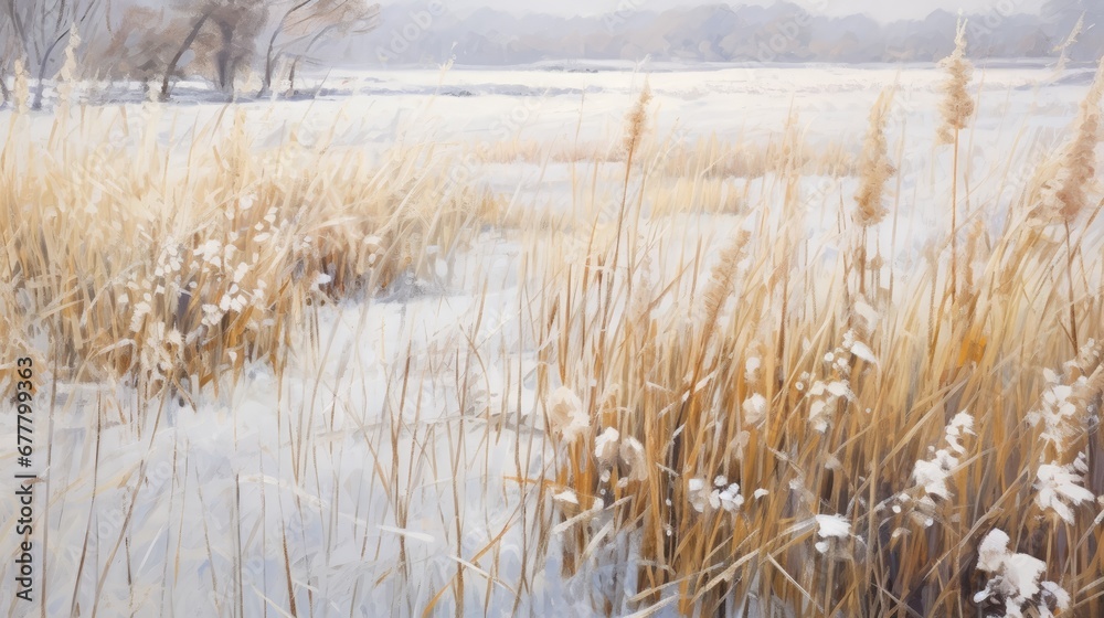 Obraz premium a painting of a snow covered field with tall grass in the foreground and a few trees in the background.