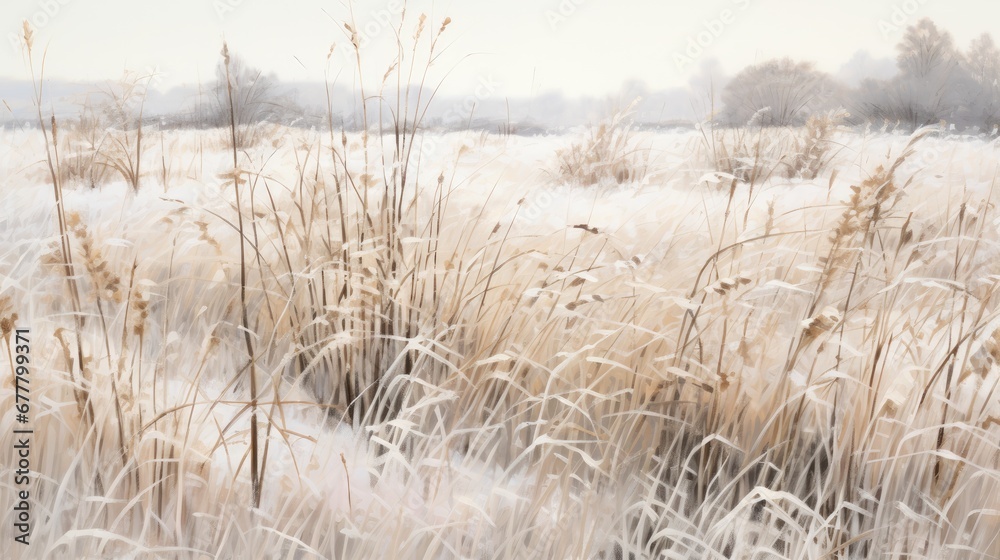 Fototapeta premium a painting of a field of tall grass with snow on the ground in the foreground and trees in the background.