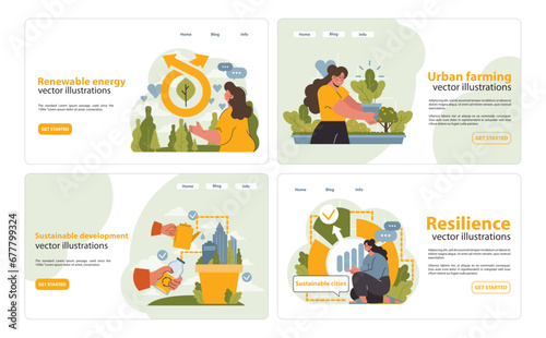 Harnessing nature's power, city's green evolution, and individuals' role. Eco-friendly energy, metropolitan growth, urban farming, and community resilience. Flat vector illustration.