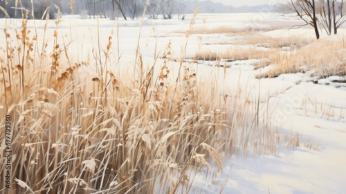  a painting of a snow covered field with grass in the foreground and trees on the far side of the field.