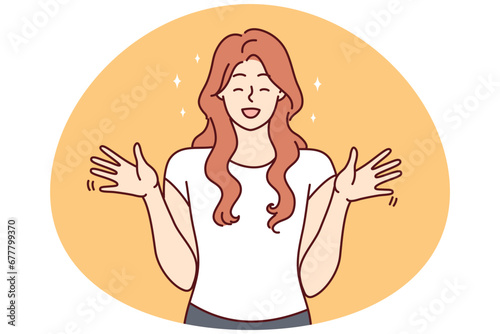 Excited young redhead woman feeling euphoric and overjoyed. Smiling female feel joyful and positive show emotions. Vector illustration.