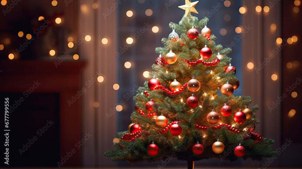 Close-up of the decorated Christmas tree with a blurred background