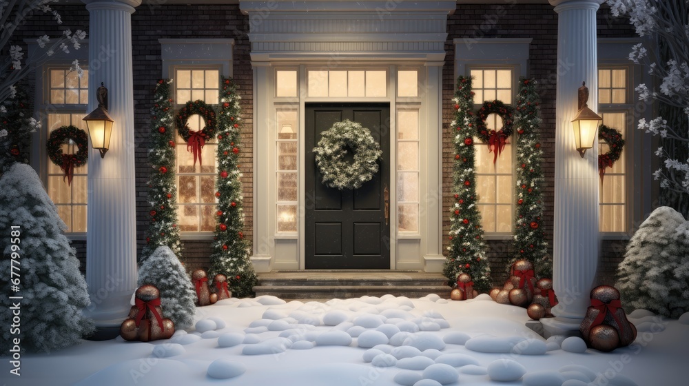 Fototapeta premium a house decorated for christmas with a wreath on the front door and wreaths on the front of the house.