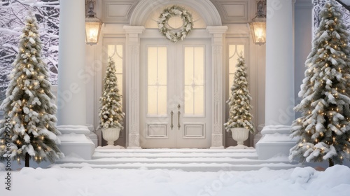 a white front door with christmas trees in front of it and a wreath hanging on the front of the door.