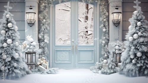  a snowy scene of a front door with christmas trees and presents in front of the front door of a house. © Anna
