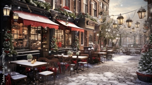  a painting of a snowy street scene with tables and chairs and a christmas tree in the middle of the street.